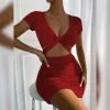 Summer New Fake 2 Pieces Mini Dress For Women's Slim V-neck Hollow Dress Elegant Female Party Y2k Clothes Short Sleeve Hip Skirt