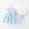 Summer New Floral Sling Baby Girl Dress, Bow Children'S Sleeveless Clothes With Hats As A Gift (9 Months -3 Years Old)
