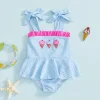Summer Newborn Baby Girls Rash Guard Swimsuits Ice Cream Embroidery Striped Ruffled Trim Tie Shoulder Infant Girls Swimwear