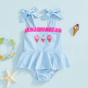 Summer Newborn Baby Girls Rash Guard Swimsuits Ice Cream Embroidery Striped Ruffled Trim Tie Shoulder Infant Girls Swimwear