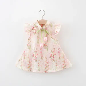 Summer Tulip Cheongsam Baby Girl Dress Cute Chinese Style Small Flying Sleeves Fragmented Embroidered Girl Dress