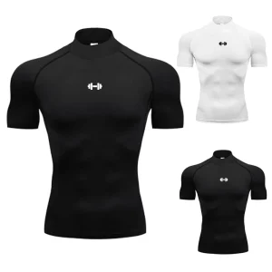 Summer Turtleneck Running T-shirts Mens Compression T Shirts Elastic Quick Dry Sports Tees Fitness Gym Short Sleeve Shirt