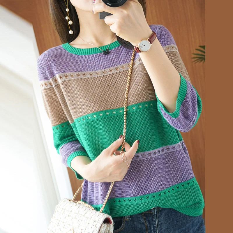 Summer Women knitted Short sleeve 2026 Thin Sweater Female Hollow Out Turtleneck Pullover Ladies knit Cotton Loose Jumpers - Image 2
