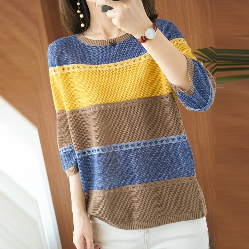 Summer Women knitted Short sleeve 2026 Thin Sweater Female Hollow Out Turtleneck Pullover Ladies knit Cotton Loose Jumpers - Image 3