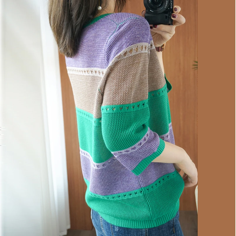 Summer Women knitted Short sleeve 2026 Thin Sweater Female Hollow Out Turtleneck Pullover Ladies knit Cotton Loose Jumpers - Image 5