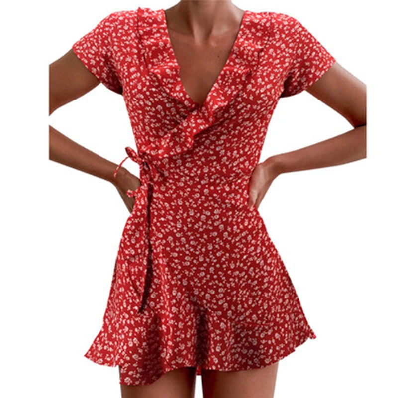 Summer Women’s Floal A-Line Dress Sweet Elegant Floral Ruffles V-neck Bandage Short Dress for Lady Chic Flowers Mini Dress - Image 3