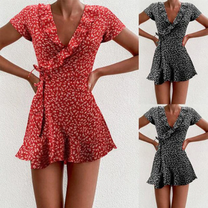 Summer Women’s Floal A-Line Dress Sweet Elegant Floral Ruffles V-neck Bandage Short Dress for Lady Chic Flowers Mini Dress - Image 6