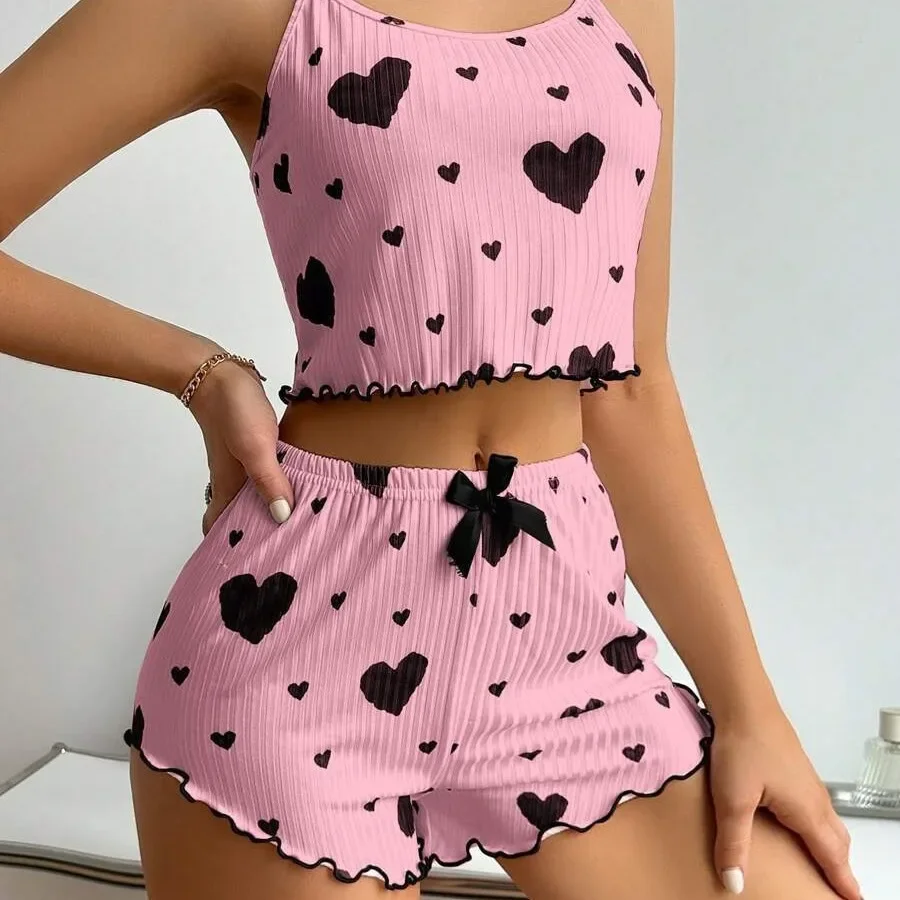 Summer Women's Sleepwear Pajamas Set 2 PCS Soft Casual Love Printing Tank Tops and Shorts Lingerie Set Pyjamas Loungewear - Image 5