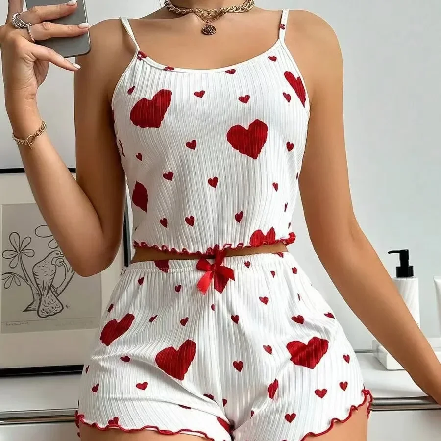 Summer Women's Sleepwear Pajamas Set 2 PCS Soft Casual Love Printing Tank Tops and Shorts Lingerie Set Pyjamas Loungewear - Image 3