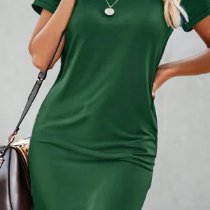 Summer women's fashion simple green solid color casual slim fit short sleeve round neck short mini dress 2024 New