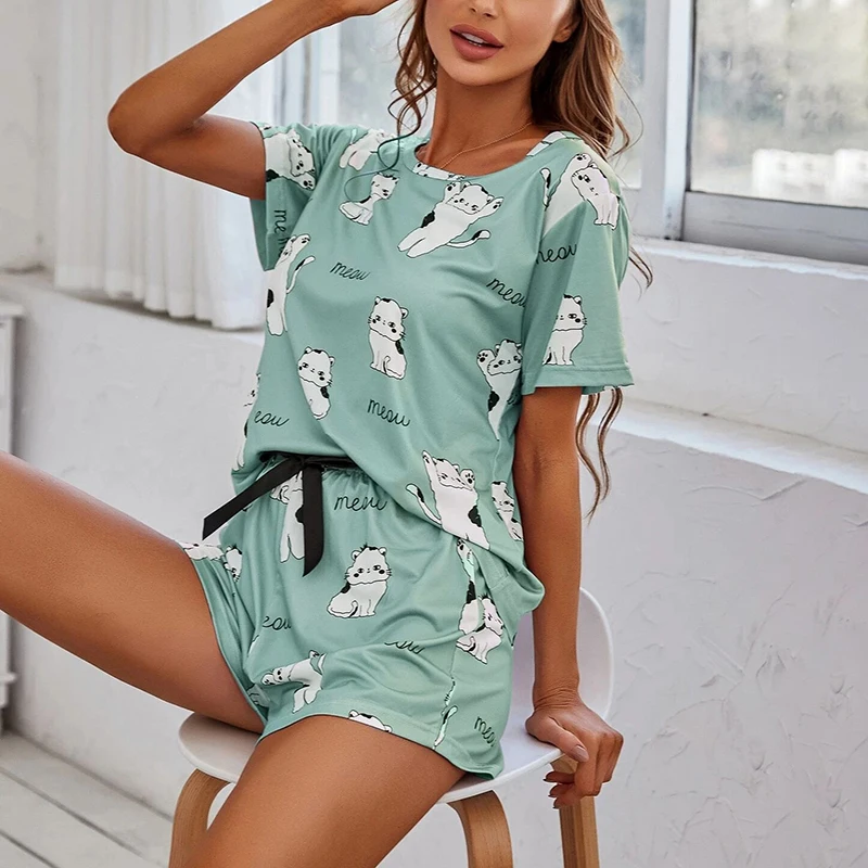 Super-Soft Women's Pajama Set Avocado Color Spaghetti Strap Cami Top And Bow Decor Shorts Summer Fit Casual Attire And Outings - Image 3