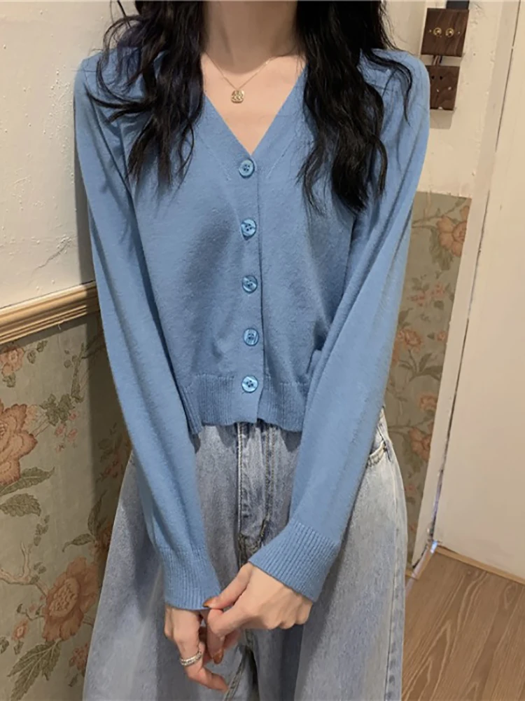 Sweater Knitted Cardigan Button Jacket 2026 Spring Autumn V-neck Long Sleeve Casual Short Tops For Women Sweater Grey White - Image 2