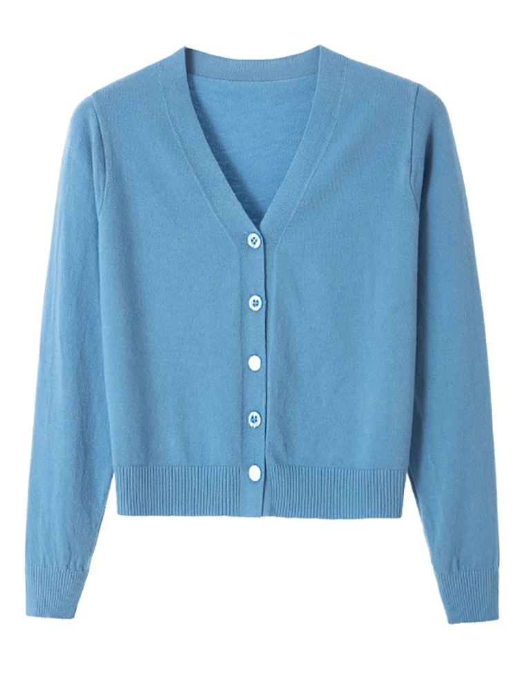 Sweater Knitted Cardigan Button Jacket 2026 Spring Autumn V-neck Long Sleeve Casual Short Tops For Women Sweater Grey White - Image 6