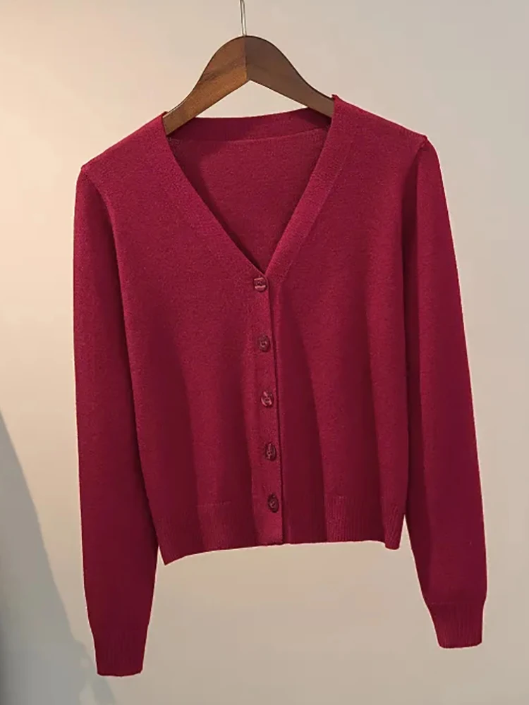 Sweater Knitted Cardigan Button Jacket 2026 Spring Autumn V-neck Long Sleeve Casual Short Tops For Women Sweater Grey White - Image 3