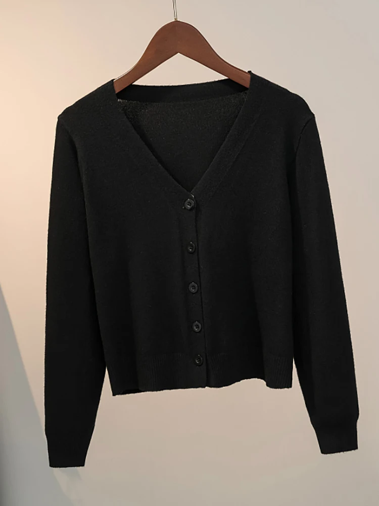 Sweater Knitted Cardigan Button Jacket 2026 Spring Autumn V-neck Long Sleeve Casual Short Tops For Women Sweater Grey White - Image 4
