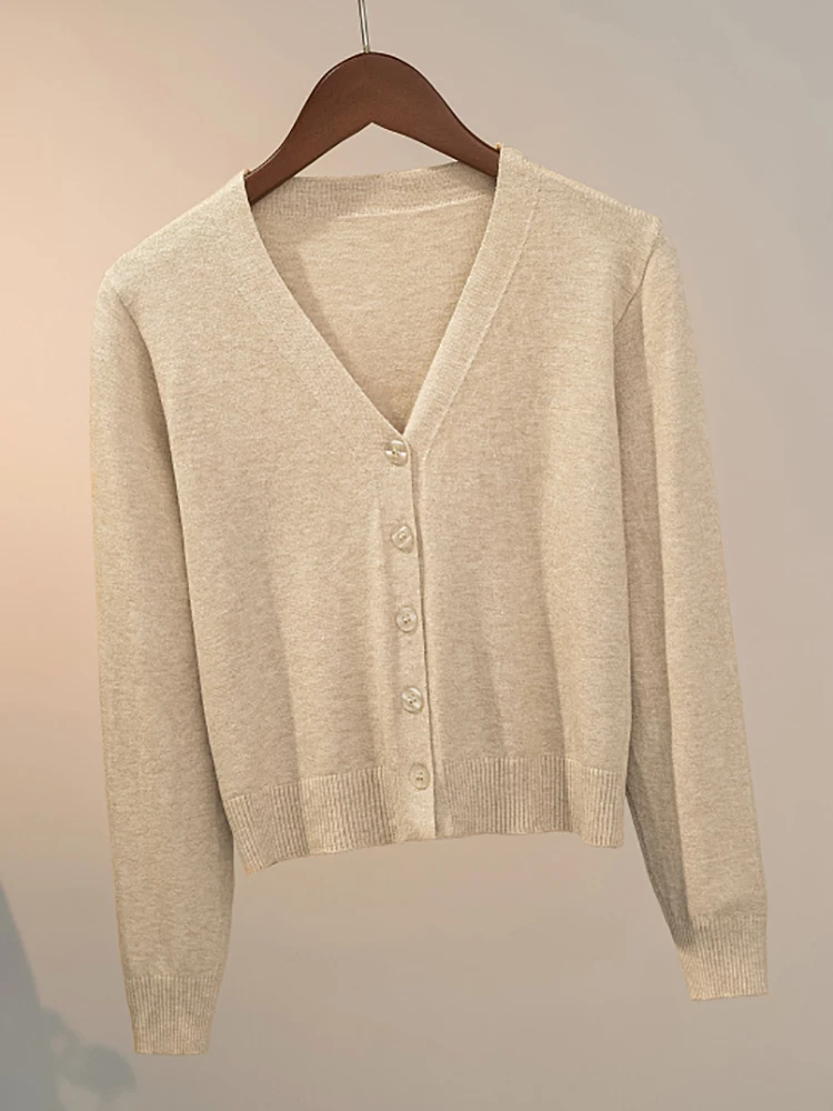 Sweater Knitted Cardigan Button Jacket 2026 Spring Autumn V-neck Long Sleeve Casual Short Tops For Women Sweater Grey White - Image 5