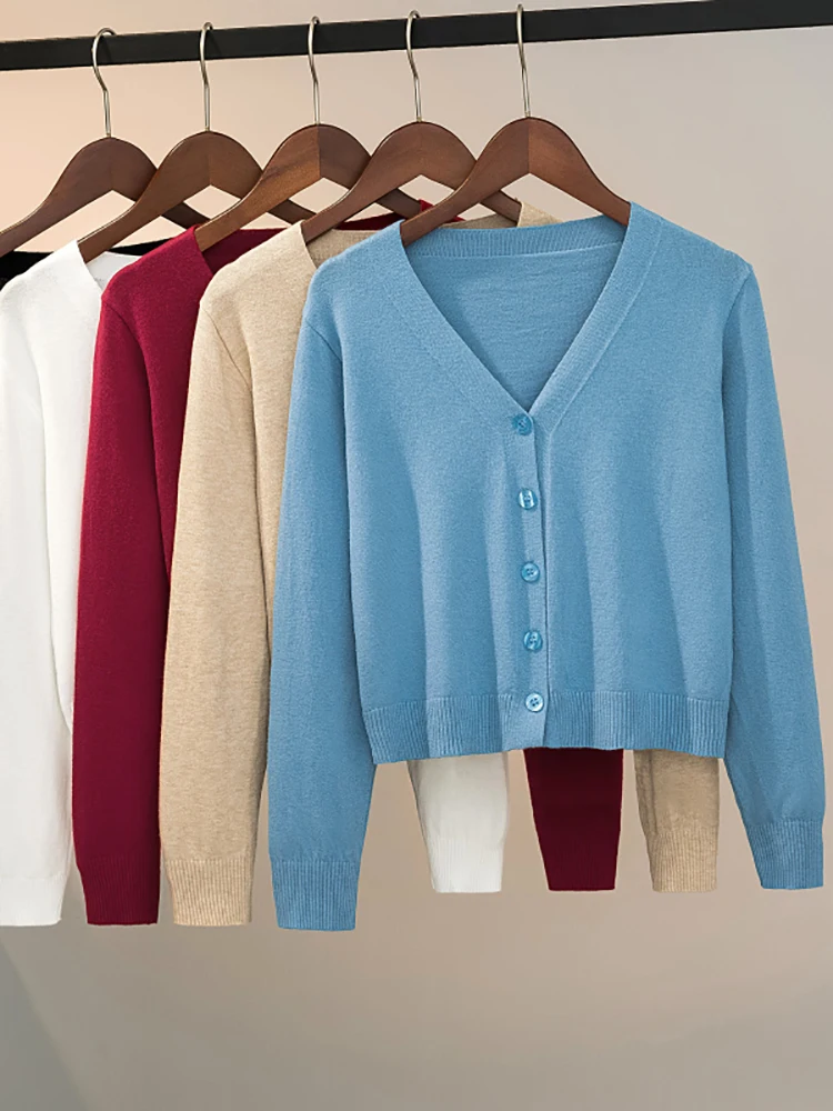 Sweater Knitted Cardigan Button Jacket 2026 Spring Autumn V-neck Long Sleeve Casual Short Tops For Women Sweater Grey White