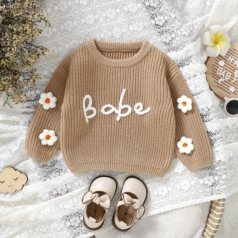 Sweet Floral & Letter Embroidery Print Baby Girls Long Sleeve Sweaters Knitted Acrylic Baby Soft Sweatshirt For Newborn Infants - Image 3
