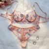 Sweet Pastel Pink Embroidered Ladies' Bra And Panties Set with Steel Ring Support Upper Cup Thin Seamless Daily Underwear