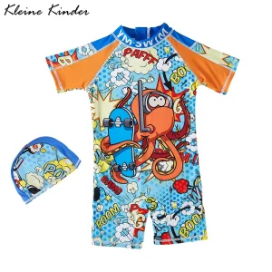 Swimwear Child UPF50 Baby Boy Swimsuit One Piece with Hat Cartoon Bathing Suit Kids Children Swimming Suit 1 2 3 4 5 6 7 Years