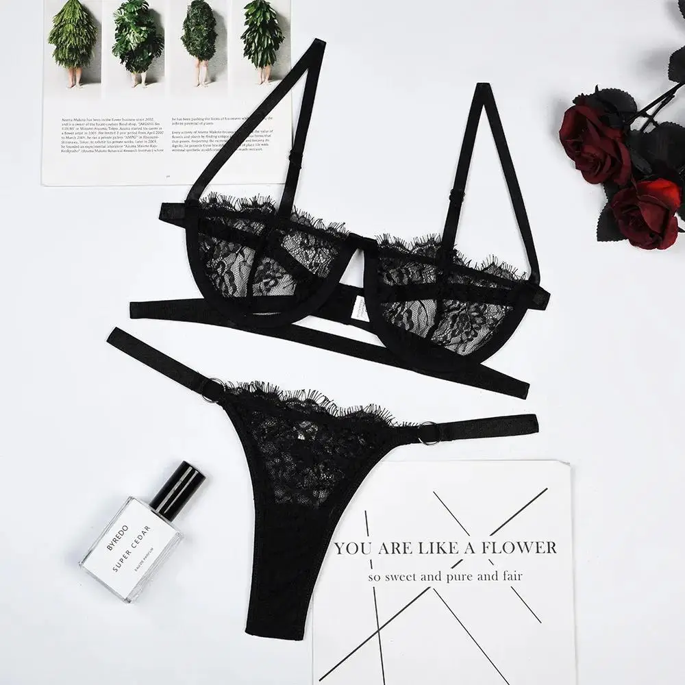 Thin Sexy Lingerie Bra Set Erotic Push Up Breves Sets Woman Lace Transparent Underwear Embroidery Thong Kit Delicate Underwear - Image 2
