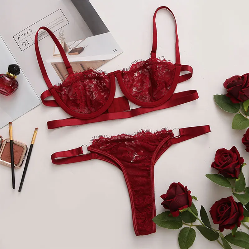 Thin Sexy Lingerie Bra Set Erotic Push Up Breves Sets Woman Lace Transparent Underwear Embroidery Thong Kit Delicate Underwear - Image 4