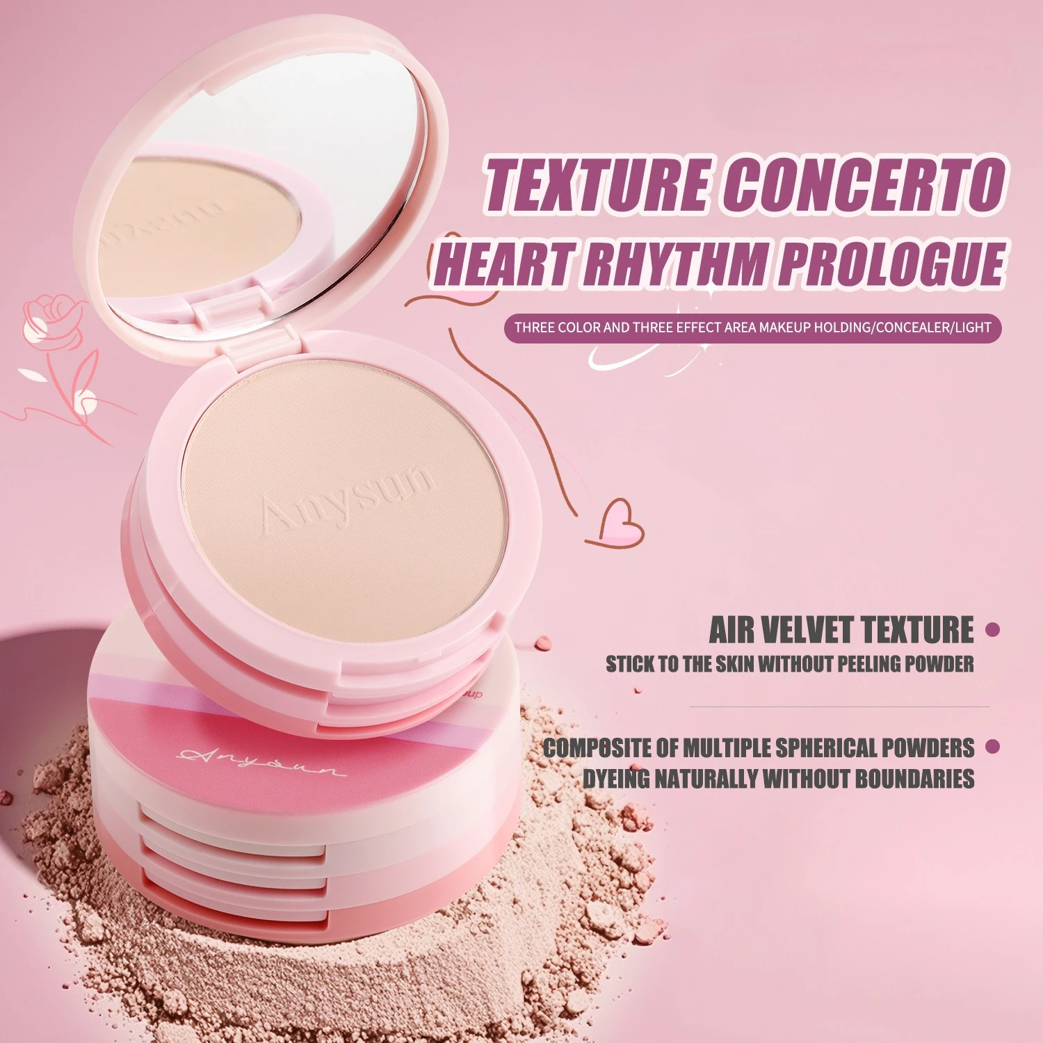 Three-in-One Concealer, Brightening and Setting Powder Compact, Waterproof and Non-Fading, Long-lasting Setting Powder - Image 3