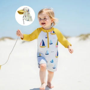 Toddler Boy Rash Guard Swimwear with Hat 2Pcs Set Sailboat Print Zip Up Long Sleeve Crew Neck Swimsuit Romper for Beach Pool