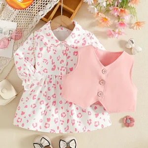 Toddler Girl Spring Autumn Vest Dress Set Lapel Long Sleeve Cute Outfit Valentine/Birthday Gift
