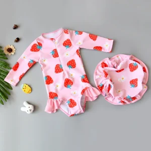 Toddler Girl Swimsuit With Hat Girls Swimsuits Kids Summer Strawberry Girls Bathing Suits Spa Pool Girls Swimwear For 0-3Years