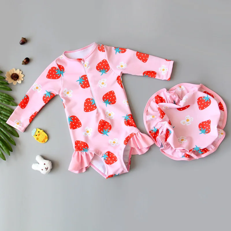 Toddler Girl Swimsuit With Hat Girls Swimsuits Kids Summer Strawberry Girls Bathing Suits Spa Pool Girls Swimwear For 0-3Years