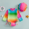 Toddler Girls Swimsuits Cute Swan Bow Flower Print Rash Guard Long Sleeve O-Neck Romper Swimwear and Hat Set for Pool Beach
