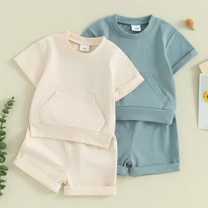 Toddler Infant Boys 2 Piece Outfits Solid Color Short Sleeve Pocket T-Shirt and Elastic Shorts Summer Baby Boy Clothes Set