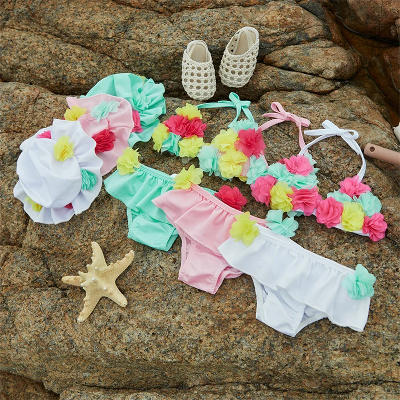 Tregren 0-24M Infant Baby Girls 3pcs Bikinis Set Flower Decor Swimsuits Ruffles Shorts with Sun Hat Swimwear Summer Bathing Suit - Image 2