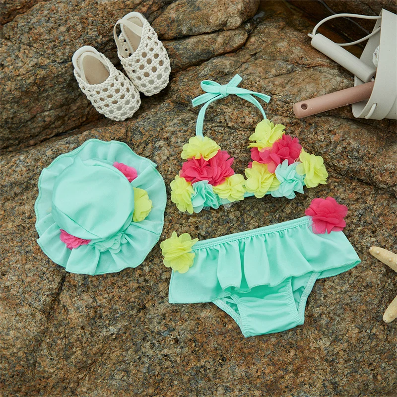 Tregren 0-24M Infant Baby Girls 3pcs Bikinis Set Flower Decor Swimsuits Ruffles Shorts with Sun Hat Swimwear Summer Bathing Suit - Image 3