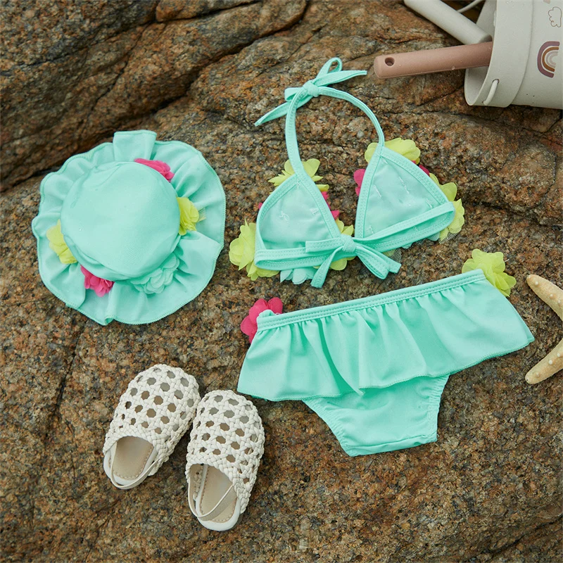 Tregren 0-24M Infant Baby Girls 3pcs Bikinis Set Flower Decor Swimsuits Ruffles Shorts with Sun Hat Swimwear Summer Bathing Suit - Image 4