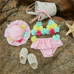 Tregren 0-24M Infant Baby Girls 3pcs Bikinis Set Flower Decor Swimsuits Ruffles Shorts with Sun Hat Swimwear Summer Bathing Suit