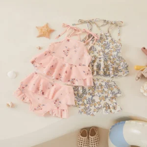 Tregren 3-24M Infant Baby Girls Swimwear Floral Lemon Print Frilly Tank Tops Shorts 2pcs Swimsuit Toddler Bathing Suit Beachwear