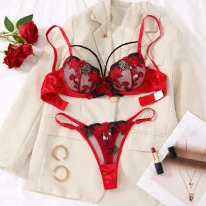 Two-piece embroidered bra set - Women's floral embroidered lingerie set - Black and red underwear set ZA825127