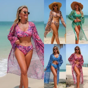 Vintage Print Women 3-Piece Bikinis Set Fashion Beachwear Vacation Swimwear S-XXL