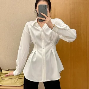 Waist Cinched Slimming Long Sleeve Shirts Women Spring Autumn All-Match Single Breasted Chic Shirt New Temperament Solid Tops