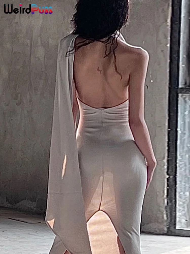 Weird Puss Backless Halter Women Evening Dress With Scarf Hollow Back Split Skinny Ladies Formal Occasion Prom Bodycon Vestidos - Image 2
