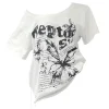 White 100% Cotton Y2k Vintage Oversize Off shoulder Short sleeve T shirt With Print Women Casual Summer Top Butterfly Tees