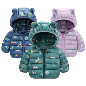 Winter Baby Kids Light Jackets Cotton Down Boys Coat For Children Hooded Outerwear New Year Dinosaur Cartoon Toddler Girl Jacket