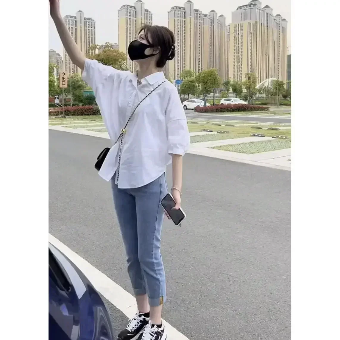 Women Blouses Elegant Streetwear Office Casual Loose Button Up White Blue Long Sleeve Vintage Oversize Shirt Tops - Image 5