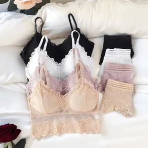 Women Bra Brief Set French Lace Underwear Female Sexy Lingerie Set Lace Bralette Crop Top Seamless Backless Vest Top Set