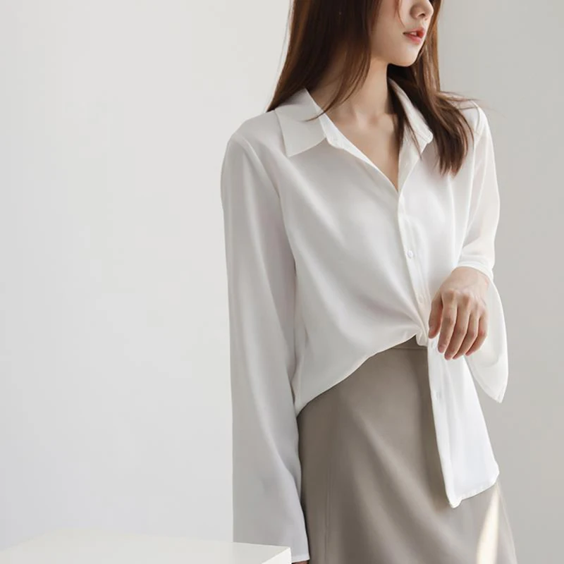 Women Chiffon Blouse Fashion Solid Long Flare Sleeve OL Office Lady Work Top Shirts V-neck White Shirt Elegant Female Clothes - Image 2