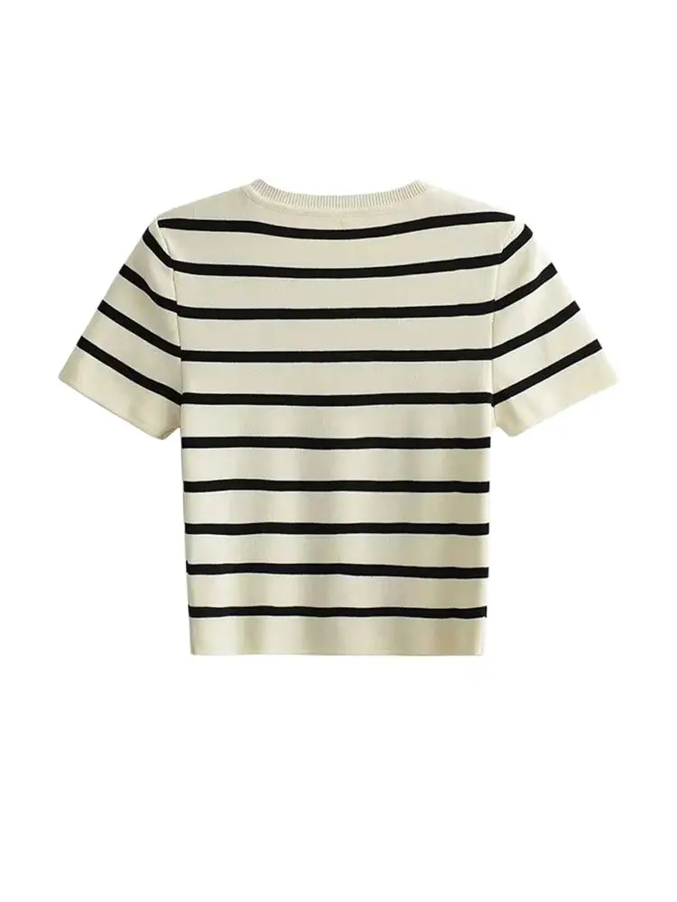 Women Fashion Striped Basic Cropped Knit Sweater Vintage O Neck Short Sleeve Female Pullovers Chic Tops - Image 2