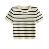 Women Fashion Striped Basic Cropped Knit Sweater Vintage O Neck Short Sleeve Female Pullovers Chic Tops