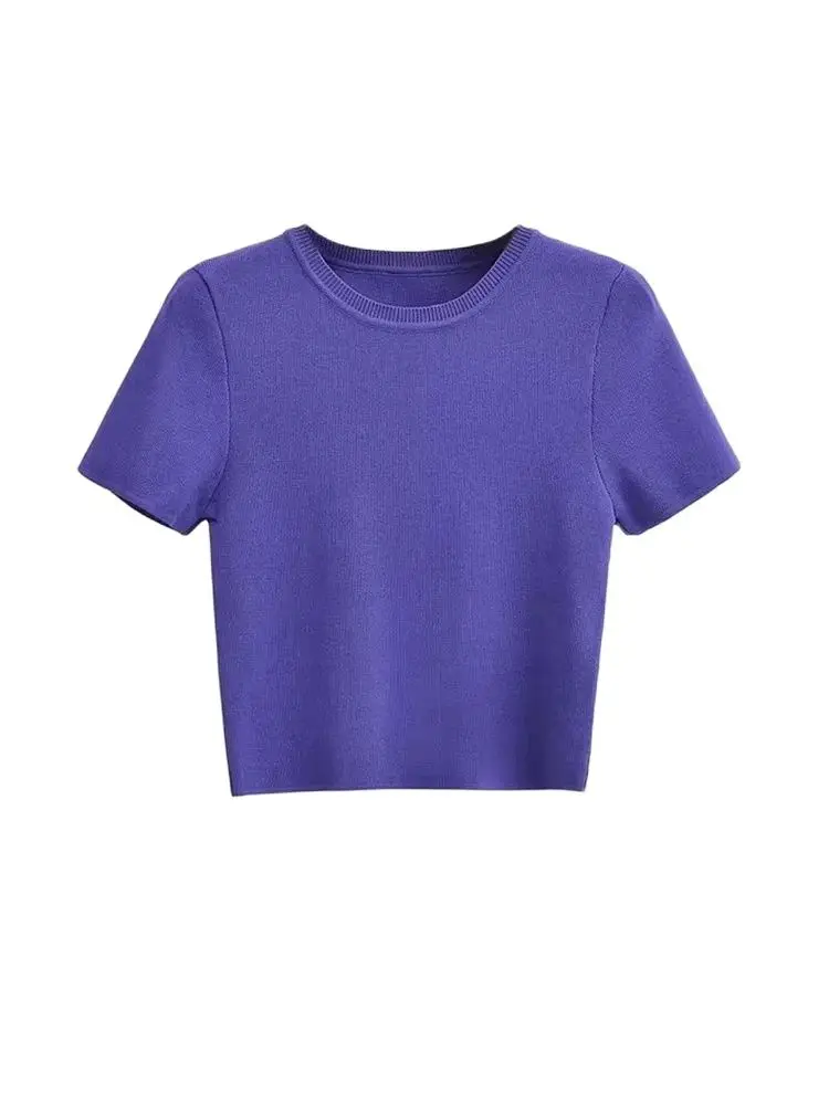 Women Fashion Striped Basic Cropped Knit Sweater Vintage O Neck Short Sleeve Female Pullovers Chic Tops - Image 5